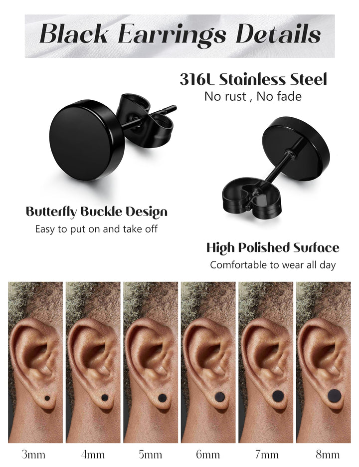 Stainless Steel Black Stud Earrings for Men Women, 8mm