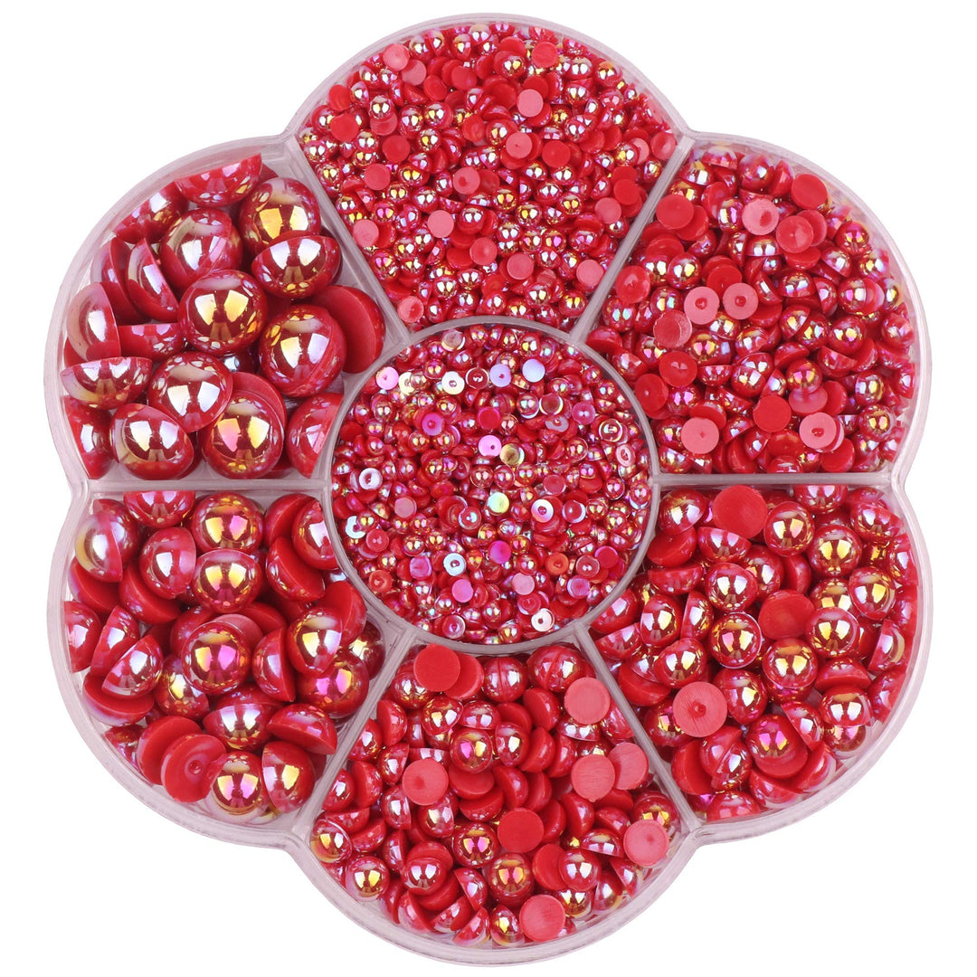 3000PCS 1 Box 7Sizes Round Flatback Half Pearls Bead Loose Beads Gem Scrapbook Craft (Half Beads/AB Bright Color) (Red)