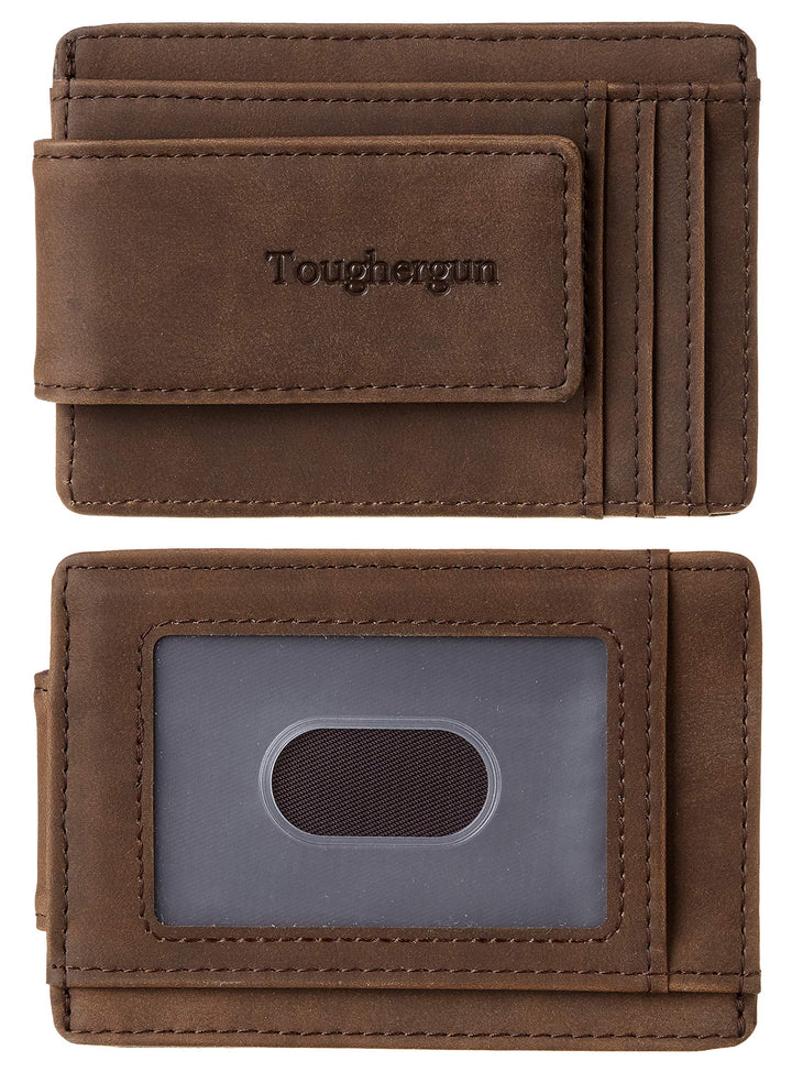 Genuine Leather Magnetic Front Pocket Money Clip Wallet RFID Blocking (Crazy Horse Coffee)