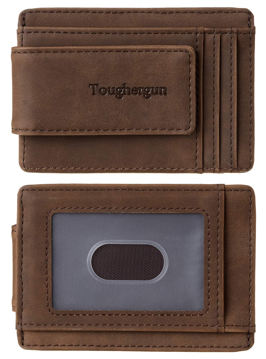 Genuine Leather Magnetic Front Pocket Money Clip Wallet RFID Blocking (Crazy Horse Coffee)