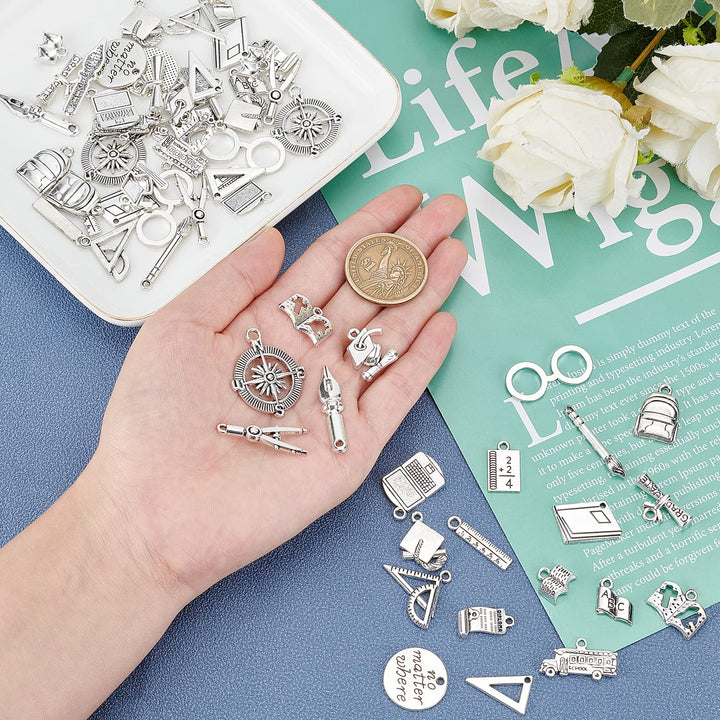 63pcs Teacher Charm Collection 21 Styles100pcs School Theme Charms Antique Silver Graduation Charms Alloy Cap Pen Ruler Charms for Gifts Souvenir Jewelry Bracelet Necklace Making