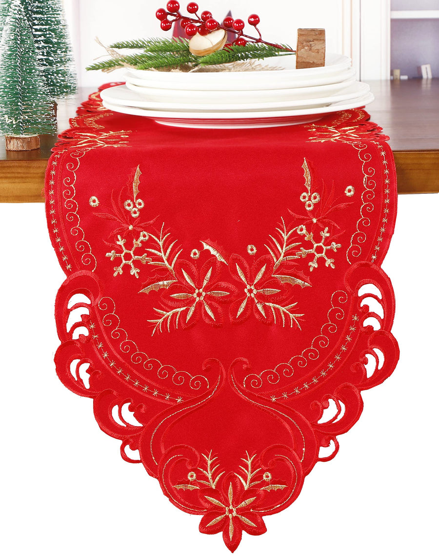 GRANDDECO Holiday Christmas Table Runner, Cutwork Embro