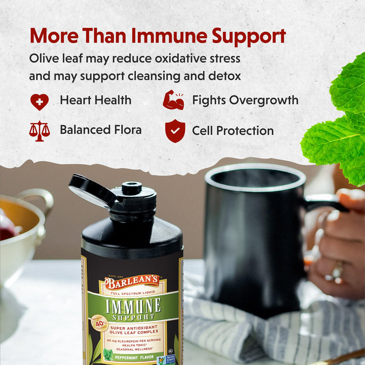 Barlean&#39;s Peppermint Olive Leaf Complex Liquid Immune Support Supplement with 95mg Oleuropein Antioxidants, 16 Ounce