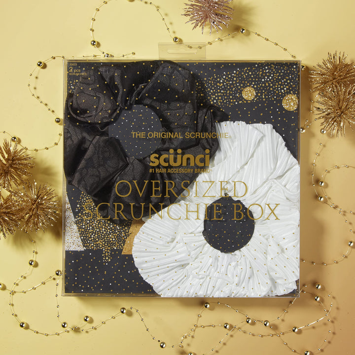 The Original Scrunchie® Jumbo XL Fashion Oversized Fabulous Fabric Gift Box Includes 2 Unique Designs: White Pleated Satin &amp; Luxury Black Jacquard in Acrylic Presentation Box
