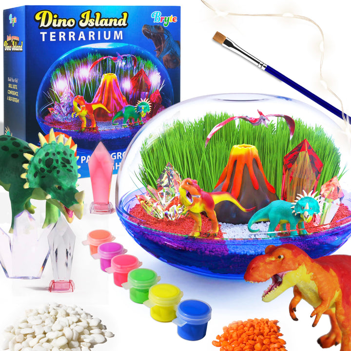 Bryte Light Up Dinosaur Terrarium Kit for Kids - Dino Habitat with Real Plants, Figurines, Volcano &amp; LED Lights, DIY Science Kit, STEM &amp; Arts Crafts Toys, Birthday Gifts for Boys Aged 4-12 yrs