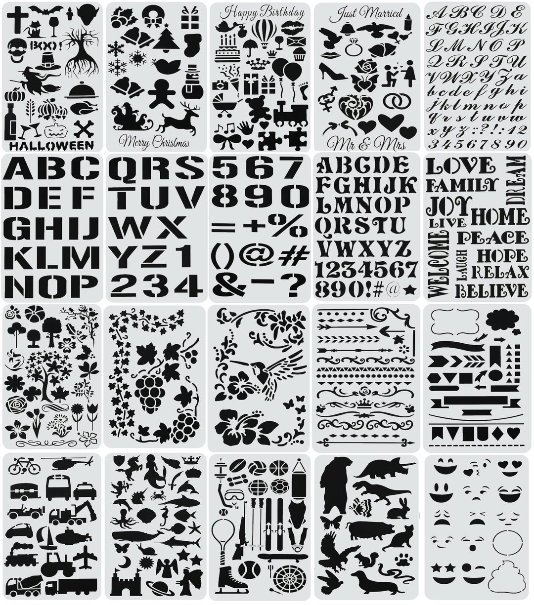 Stencils, 20 Pcs Drawing Stencils with Letter Stencils, Number, Themes for Christmas, Halloween, Birthday, Wedding, Bullet Journal Stencils for Painting on Wood, Canvas, Walls, Fabric, 4x7 inch