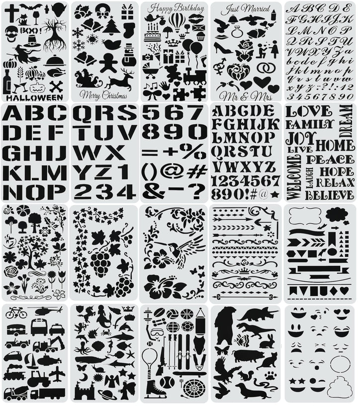 Stencils, 20 Pcs Drawing Stencils with Letter Stencils, Number, Themes for Christmas, Halloween, Birthday, Wedding, Bullet Journal Stencils for Painting on Wood, Canvas, Walls, Fabric, 4x7 inch