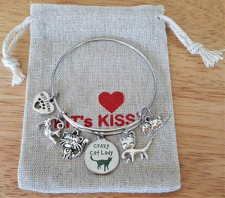 Cat Bracelet, Pets Bracelet, Kitty Cat Bracelet, Crazy Cat Lady Bracelet, Cat Mom, Cat Charm, Best Friend Bracelet, Cat Paw Print Bracelet, Gift for Cat Lover, Cat Jewelry, Cat Bangle Bracelet