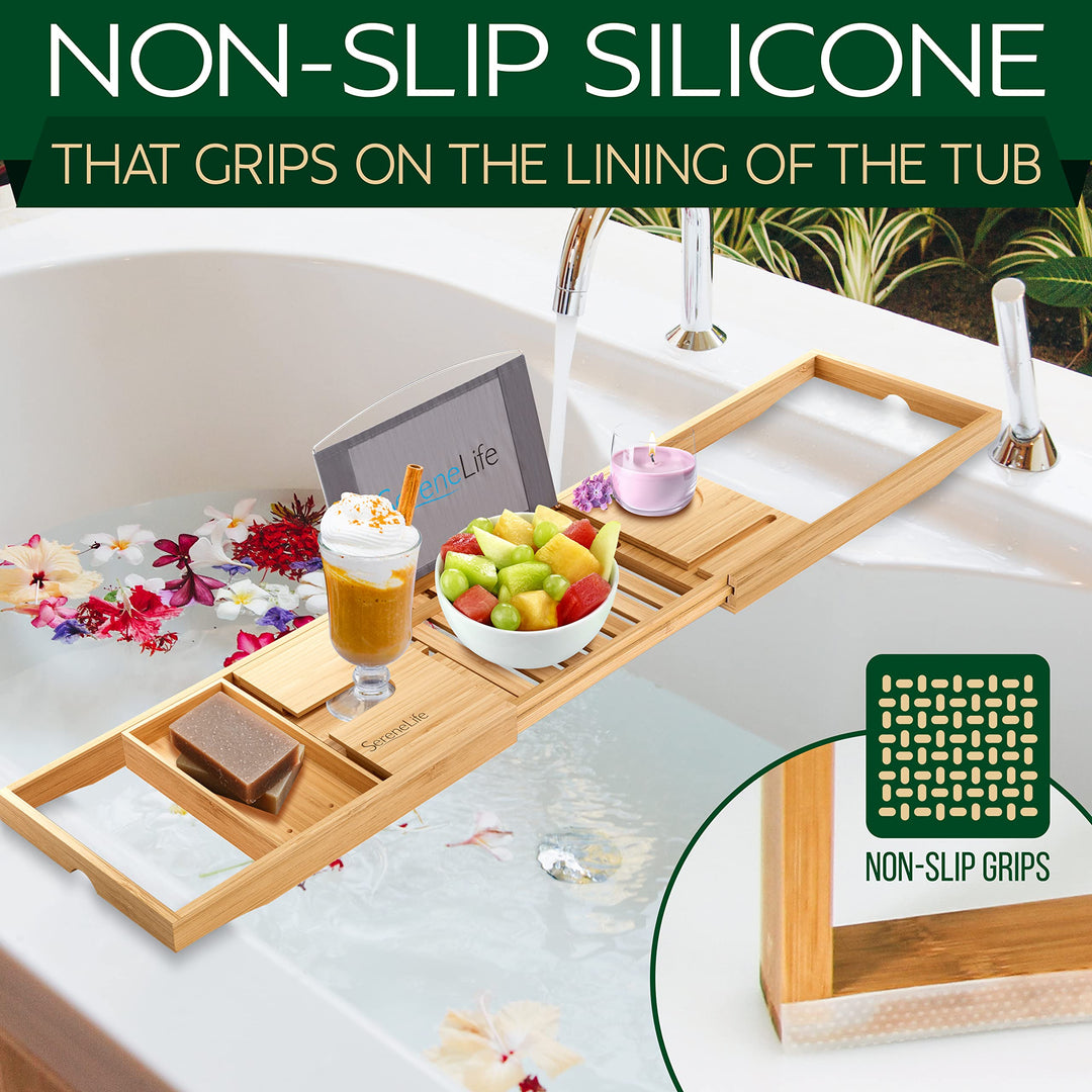 Luxury Bamboo Bathtub Caddy Tray - Adjustable Natural Wood Bath Tub Organizer with Wine Holder, Cup Placement, Soap Dish, Book Space &amp; Phone Slot for Spa, Bathroom &amp; Shower - SLBCAD20