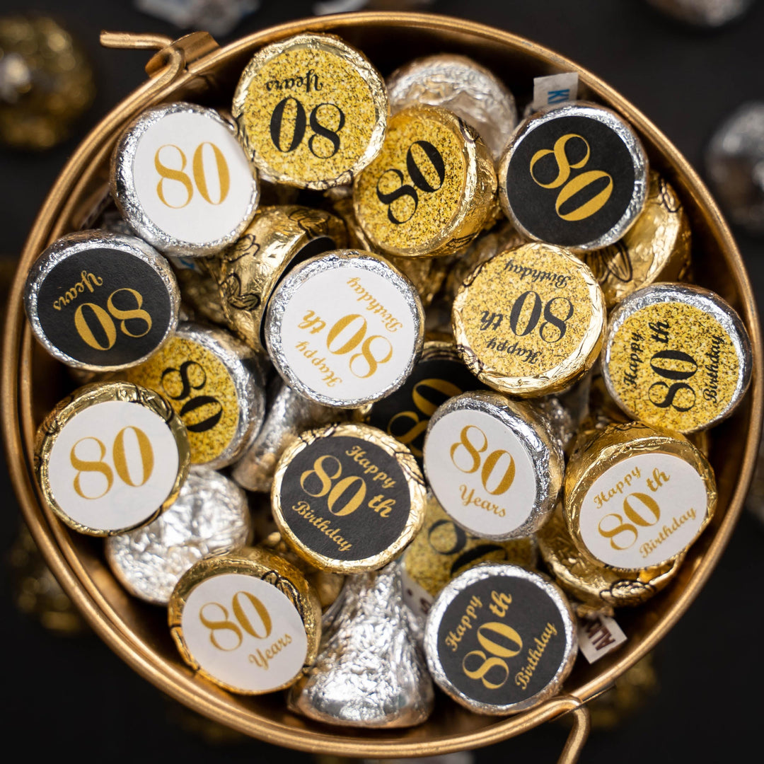 80th Birthday Kisses Stickers, (Set of 324) Chocolate Drops Labels Stickers for 80th Birthday, Hershey&#39;s Kisses Party Favors Decor, 9 Designs (36 Stickers of Each)