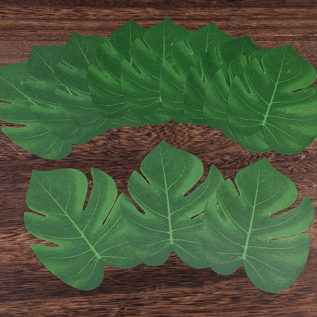 24 Pcs 8 Inch Artificial Palm Leaves, Tropical Faux Leaves Green Faux Monstera Leaves for Hawaiian Luau Jungle Party Safari Birthday Table Decorations (M)