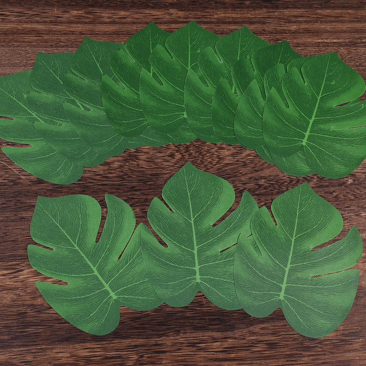 24 Pcs 8 Inch Artificial Palm Leaves, Tropical Faux Leaves Green Faux Monstera Leaves for Hawaiian Luau Jungle Party Safari Birthday Table Decorations (M)