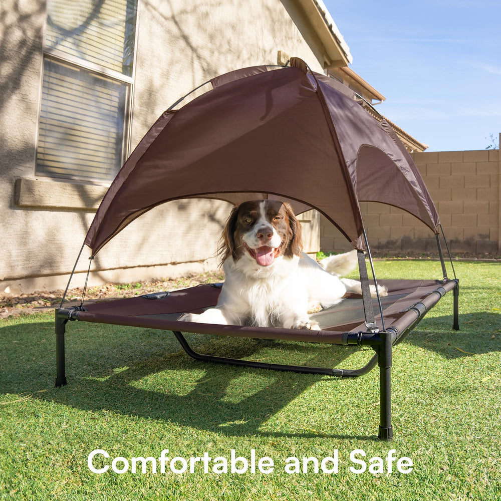 XLarge Outdoor Dog Bed, Elevated Pet Cot with Canopy, Durable Oxford Fabric, Extra Carrying Bag, for Camping or Beach - Brown