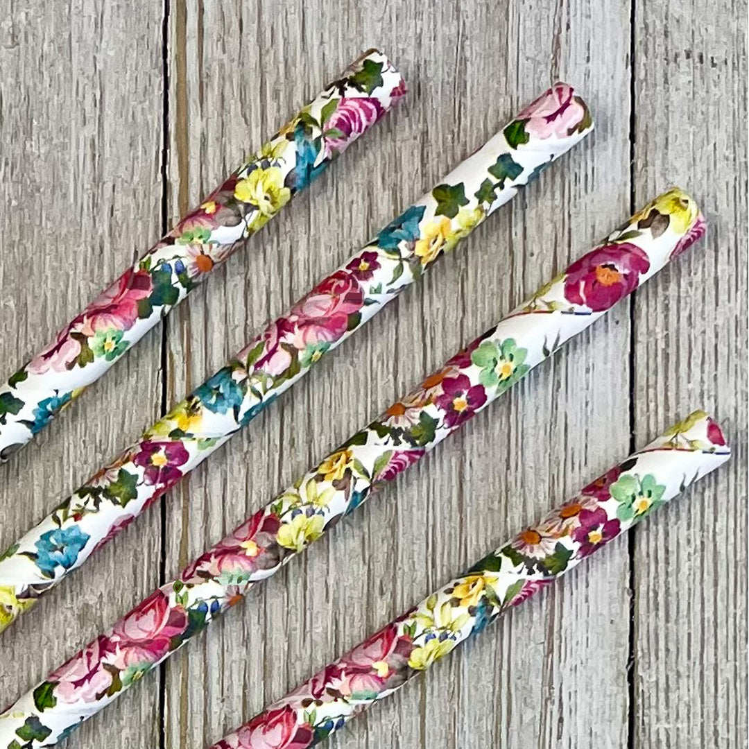 Rose Floral Paper Straws - Pink Yellow White - 7.75 inc