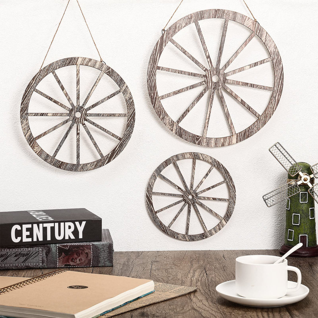 Qunclay 3 Pcs Wooden Wagon Wheel Decor 12/10/8 Inch Old
