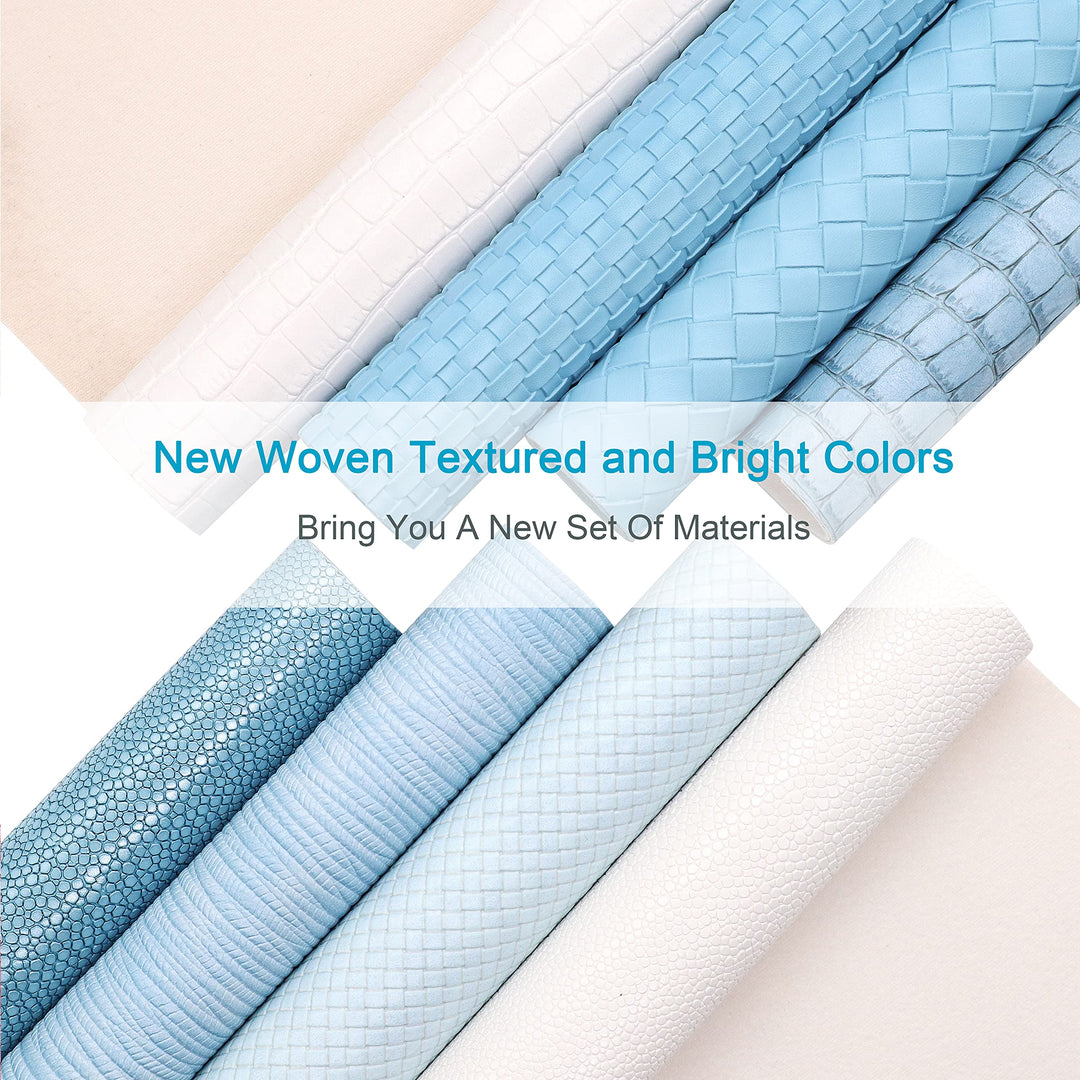 8Pcs/Set New Weave Embossed Textured Faux Leather Sheets Blue Series Mixed Woven Lattice Striped Vinyl Fabric A4 8 x 12 Inch for Making Bohemia Earrings Hair Bow Handbag and DIY Crafts