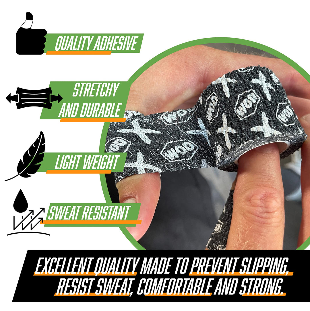 WOD Recovery Hook Grip Weightlifting Tape - Sweatproof &amp; Chalk-Resistant, Adhesive Wrap for Thumb, Fingers, &amp; Hands - Black/White, 1.5 Inches x 16 Feet