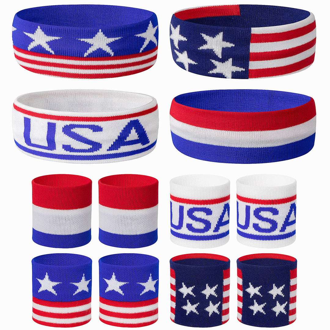 American Flag Sports Headband &amp; Wristband Set - 4 Styles Striped Sweatbands for Basketball, Football, Running, Gym &amp; Exercise - 1 Headband, 2 Wristbands