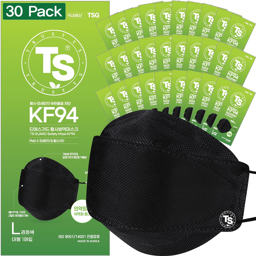 30 Pack KF94 Mask, Certified, Black TS Guard Safety Face Mask ; 4-Layered Protection, Tri-Folding Style, 3D-Ergonomic Design, Black Color, Large Size, Made in Korea. (30)