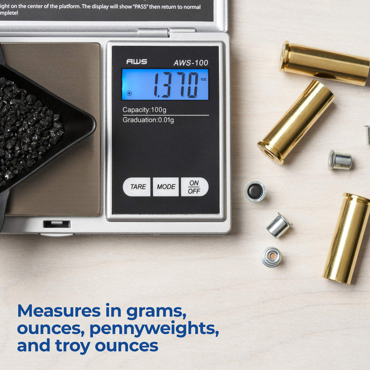 American Weigh Scales Series Digital Pocket Weight Scale Backlit LCD Stainless-Steel Surface 100g x 0.01g, (Silver), AWS-100-SIL