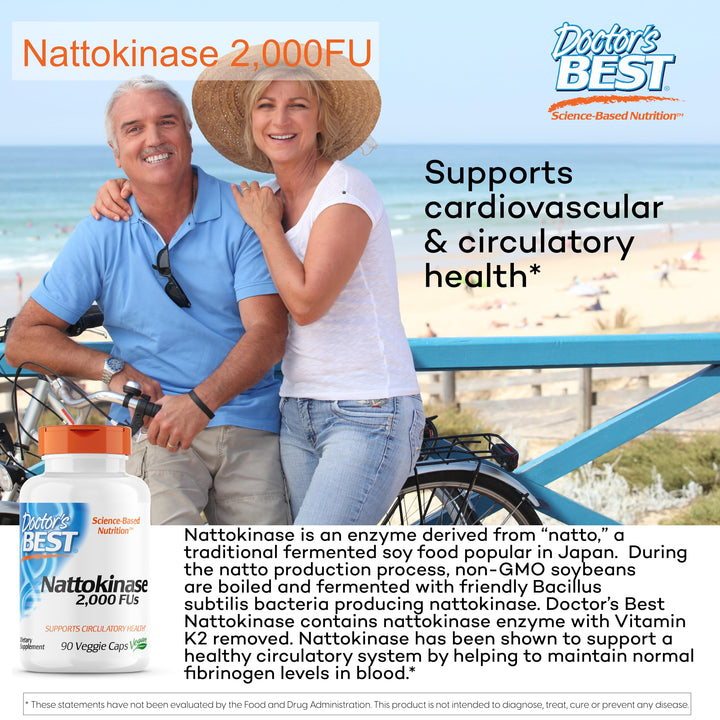 Doctor&#39;s Best Nattokinase - 2, 000 FU of Enzyme, Supports Heart Health &amp; Circulatory &amp; Normal Blood Flow, Non-GMO, Gluten Free, Vegan, 90 VC (DRB-00125)