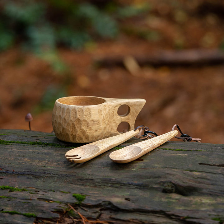 GCS Handmade Kuksa Wood Camp Mug with Fork and Spoon Lightweight &amp; Eco-Friendly Traditional Handcrafted Wooden Cup with Natural Chestnut Bushcraft or Camping Leather Lanyard