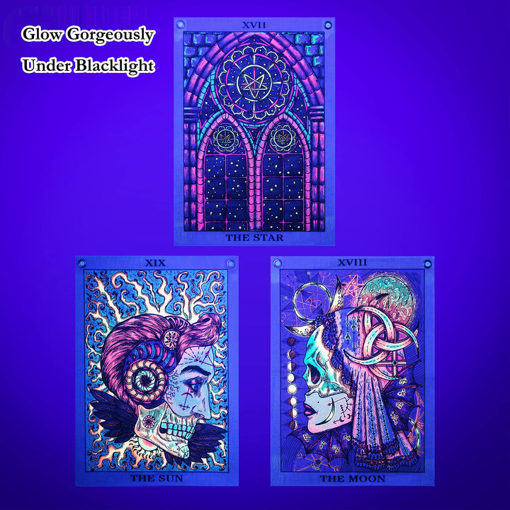 Tarot Tapestry Blacklight Tapestry UV Reactive Sun Moon Wall Trippy Tapestry for Bedroom Aesthetic (Sun Moon Star Set, 13&#39;&#39;x18&#39;&#39;Each)