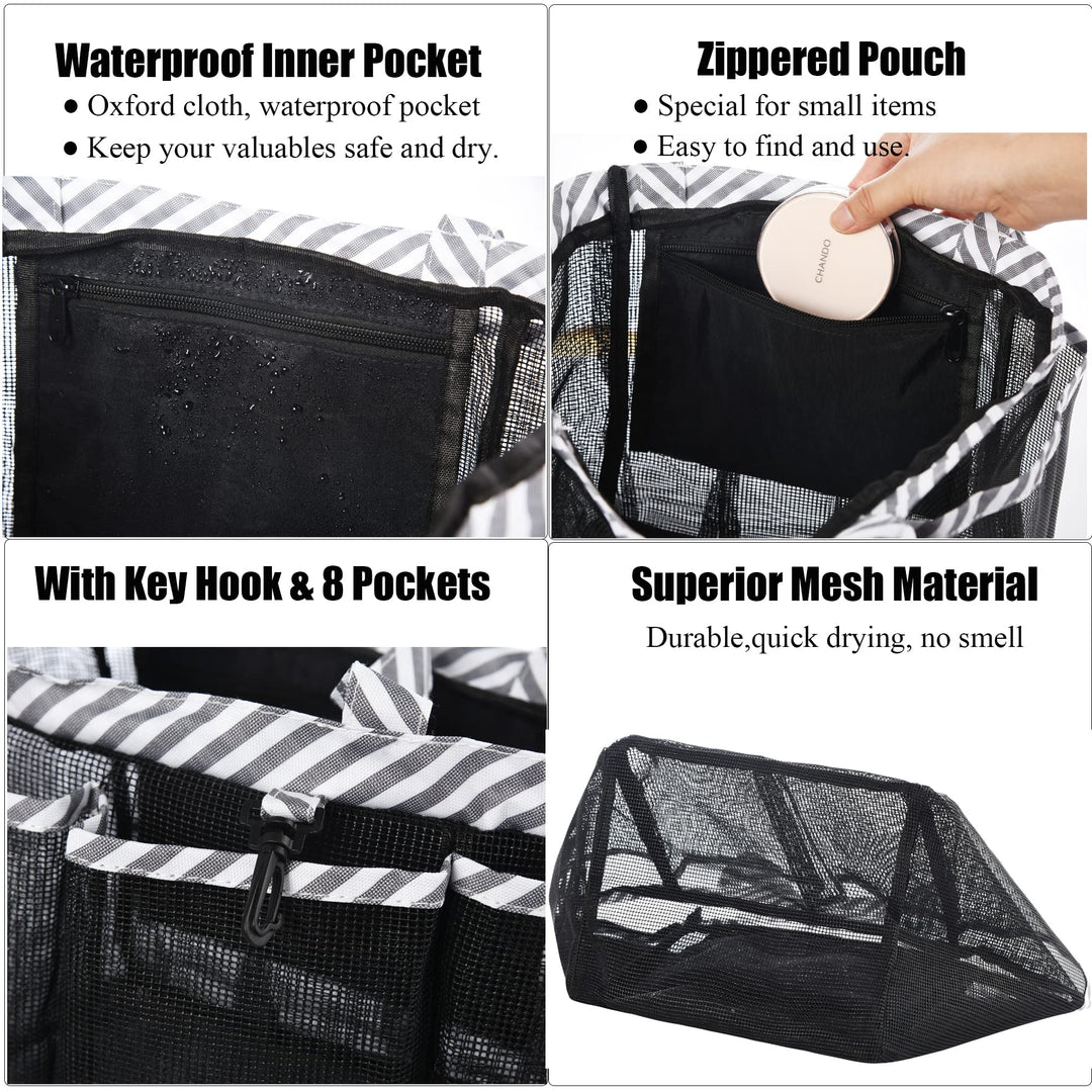 Mesh Shower Caddy Tote with Waterproof Inner Bag, Extra Large Black Portable Shower Caddy for College Dorm Bathroom Camp, 8 Basket Pocket