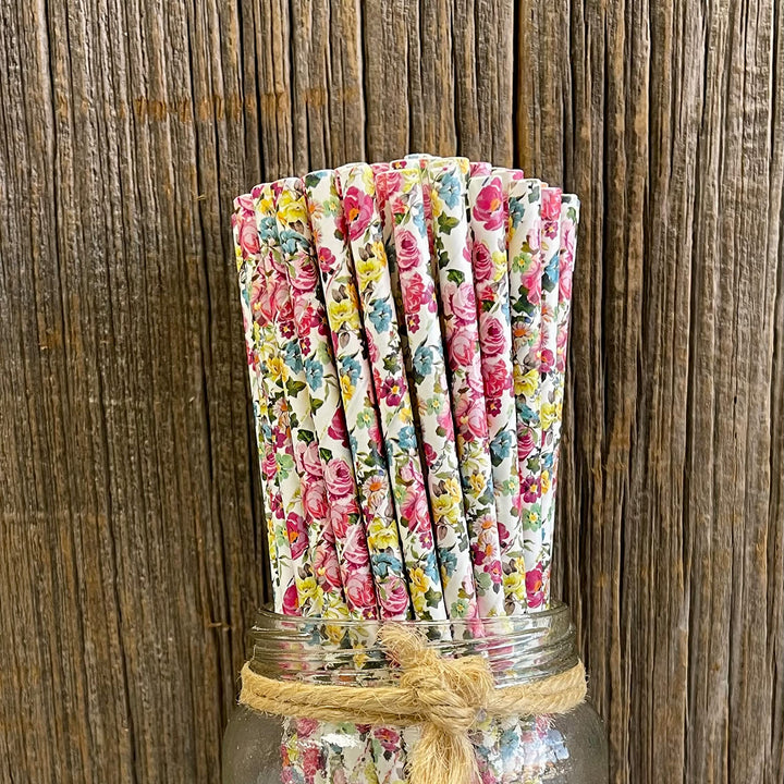 Rose Floral Paper Straws - Pink Yellow White - 7.75 inc