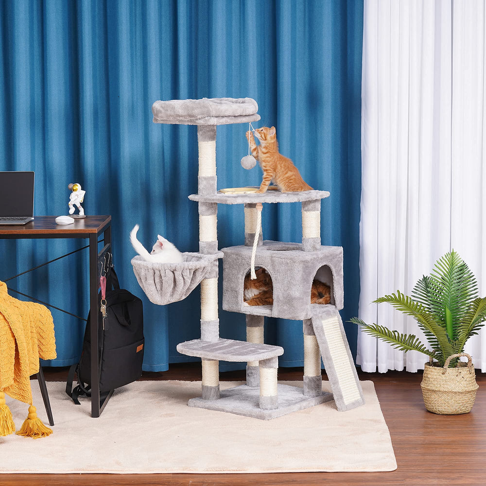 Cat Tree, Cat Tower for Indoor Cats with Scratching Board, Multi-Level Cat Furniture Condo with Feeding BowlLight Gray HCT010W