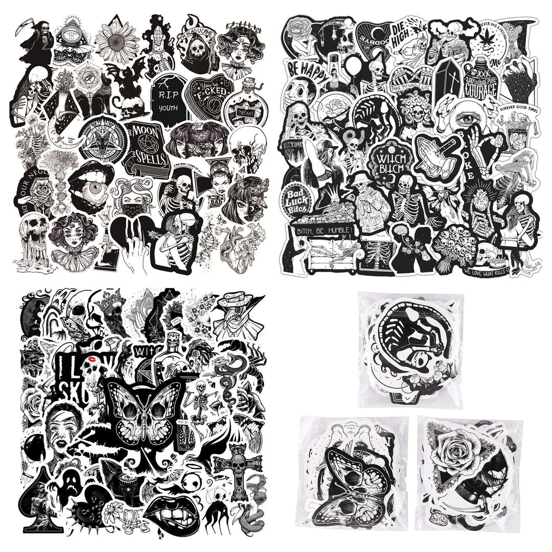 150 PCS Cool Gothic Stickers for Water Bottle Laptop Skateboard Notebook,Black White Skull Stickers for Teens Kids Girls Boys Adults,Trendy Waterproof Decals for Phone Computer Car Bicycle