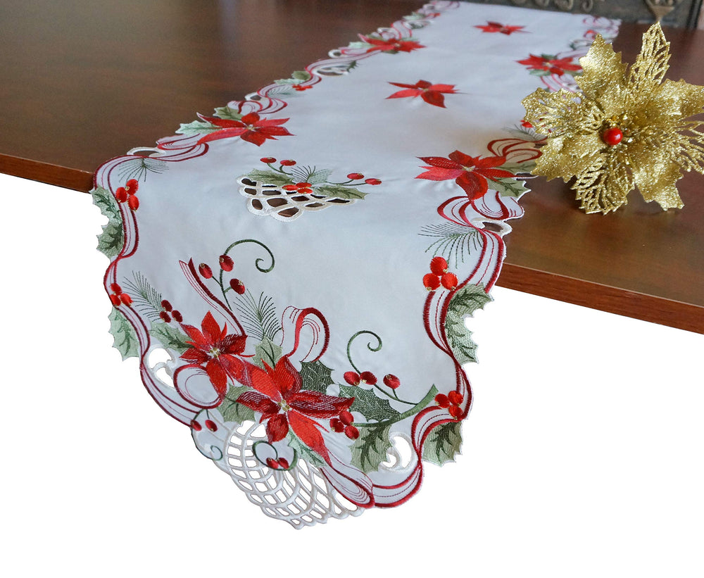 Holiday Christmas Table Runner 13x54, Cutwork Embroider