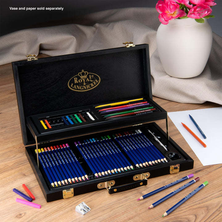 Royal &amp; Langnickel Essentials 52pc Two-Tier Black Series Sketching Wooden Box Artist Set