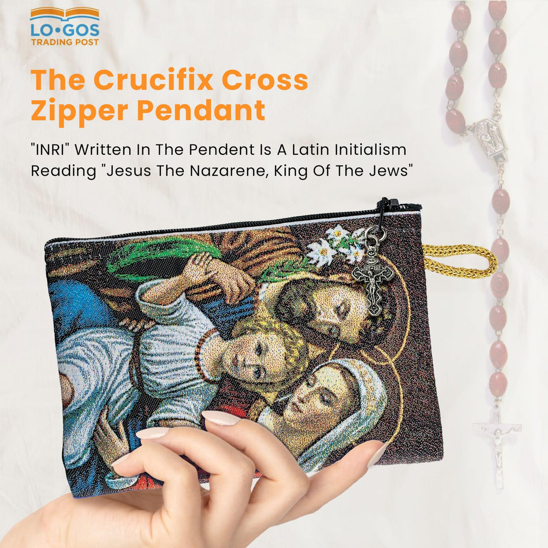 Catholic Rosary Pouch, Holy Family &amp; God is Love, 4 x 6 Jewelry &amp; Coin Purse with Cross, Small Woven Tapestry Icon Bag, Bolsa de Rosario Católico para Joyería