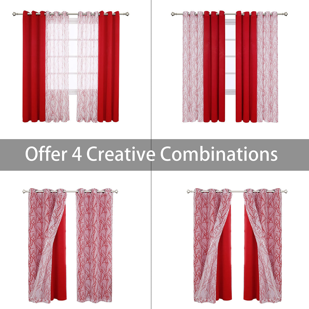Mix and Match Curtains - 2 Pieces Branch Print Sheer Curtains and 2 Pieces Blackout Curtains for Bedroom Living Room Grommet Window Drapes, 37x63 Inch/Panel, Red, Set of 4 Panels
