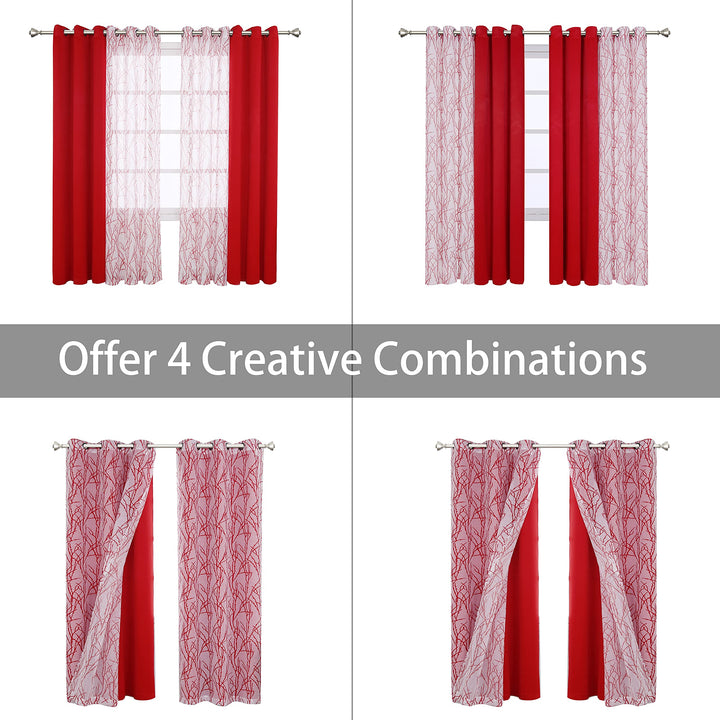 Mix and Match Curtains - 2 Pieces Branch Print Sheer Curtains and 2 Pieces Blackout Curtains for Bedroom Living Room Grommet Window Drapes, 37x63 Inch/Panel, Red, Set of 4 Panels