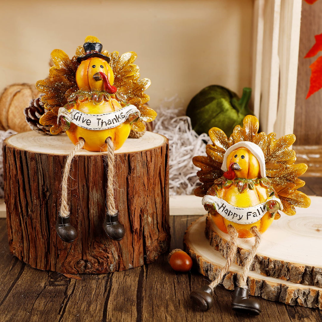 Thanksgiving Turkey Figurines, Set of 2 Resin Turkey Shelf Sitters with Dangling Legs, Give Thanks Happy Fall Harvest Sculpture for Window Sill Kitchen Tabletop Autumn Home Decor