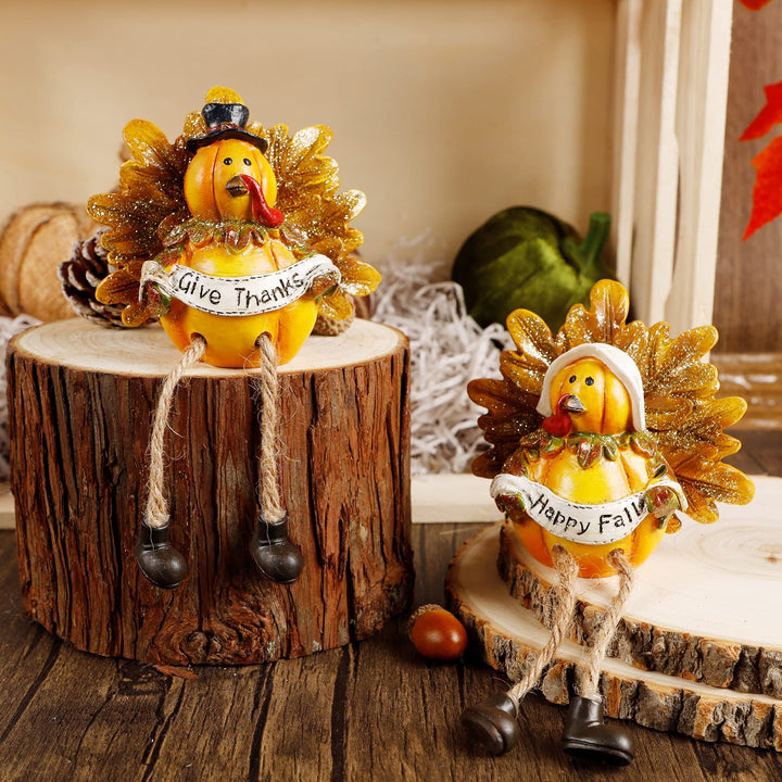 Thanksgiving Turkey Figurines, Set of 2 Resin Turkey Shelf Sitters with Dangling Legs, Give Thanks Happy Fall Harvest Sculpture for Window Sill Kitchen Tabletop Autumn Home Decor