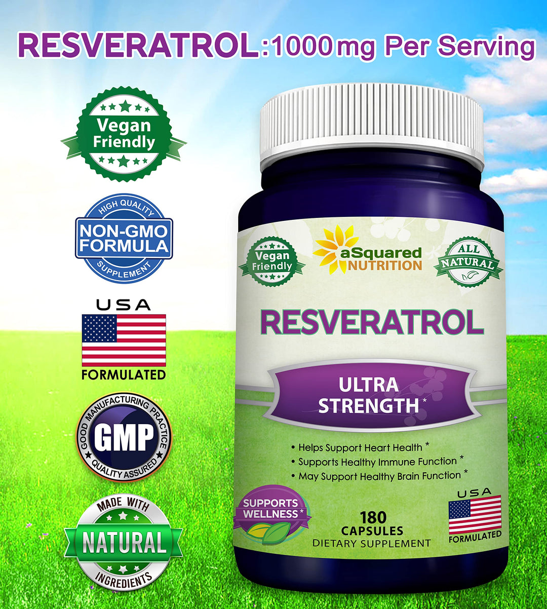 100% Natural Resveratrol - 1000mg Per Serving Max Strength (180 Capsules) Antioxidant Supplement, Trans-Resveratrol Pills for Heart Health &amp; Pure, Polyphenols