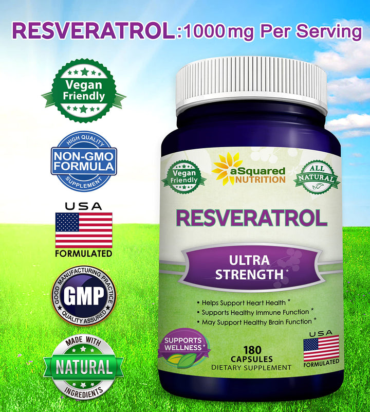 100% Natural Resveratrol - 1000mg Per Serving Max Strength (180 Capsules) Antioxidant Supplement, Trans-Resveratrol Pills for Heart Health &amp; Pure, Polyphenols