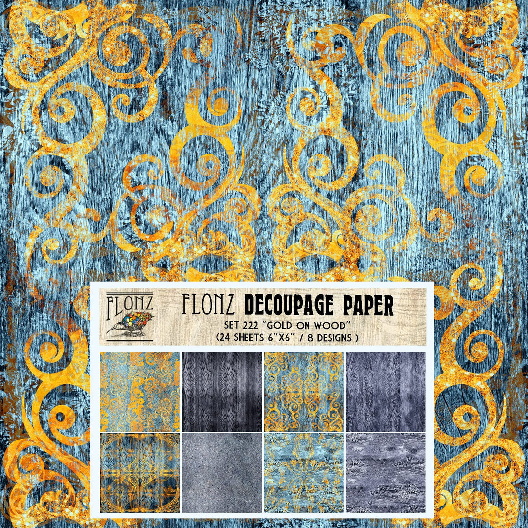 Decoupage Paper Pack (24 Sheets 6x6) Gold on Old Wood # Vintage Styled Seamless Art Deco Pattern Paper for Decoupage, Craft and Scrapbooking