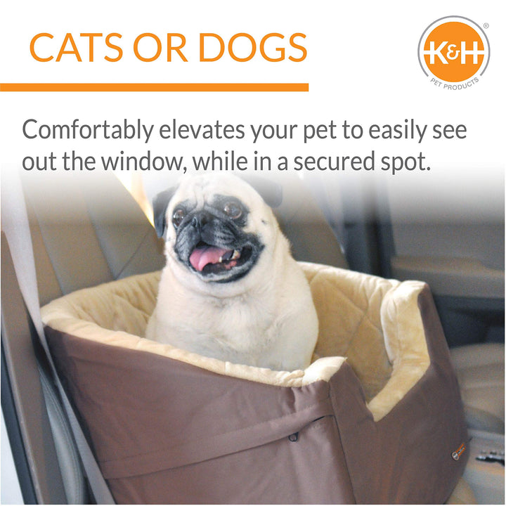 K&amp;H Pet Products Bucket Booster Dog Car Seat with Dog Seat Belt for Car, Washable Small Dog Car Seat, Sturdy Dog Booster Seats for Small Dogs, Medium Dogs, 2 Safety Leashes, Large Tan/Tan
