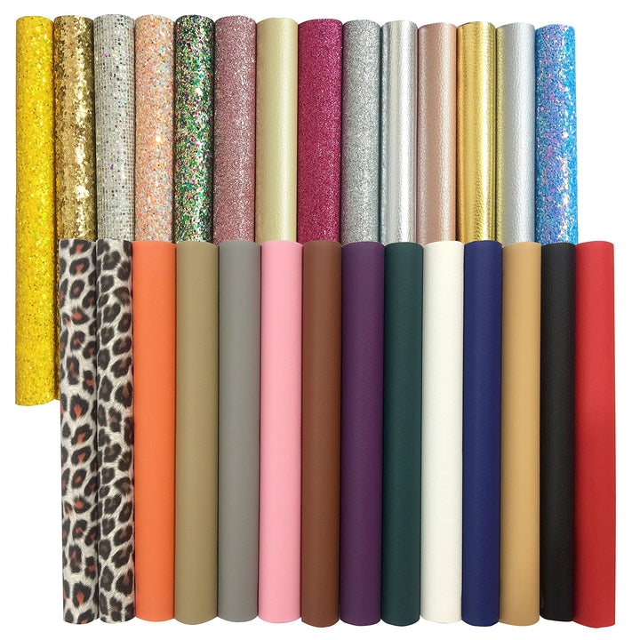 28 Pieces 8x6(20cmx15cm) A5 Faux Leather Sheets,Solid Colors &amp; Glitter &amp; Leopard Pattern Faux Leather Fabric Sheets for Bows,Keychains,Hair Accessories DIY Projects