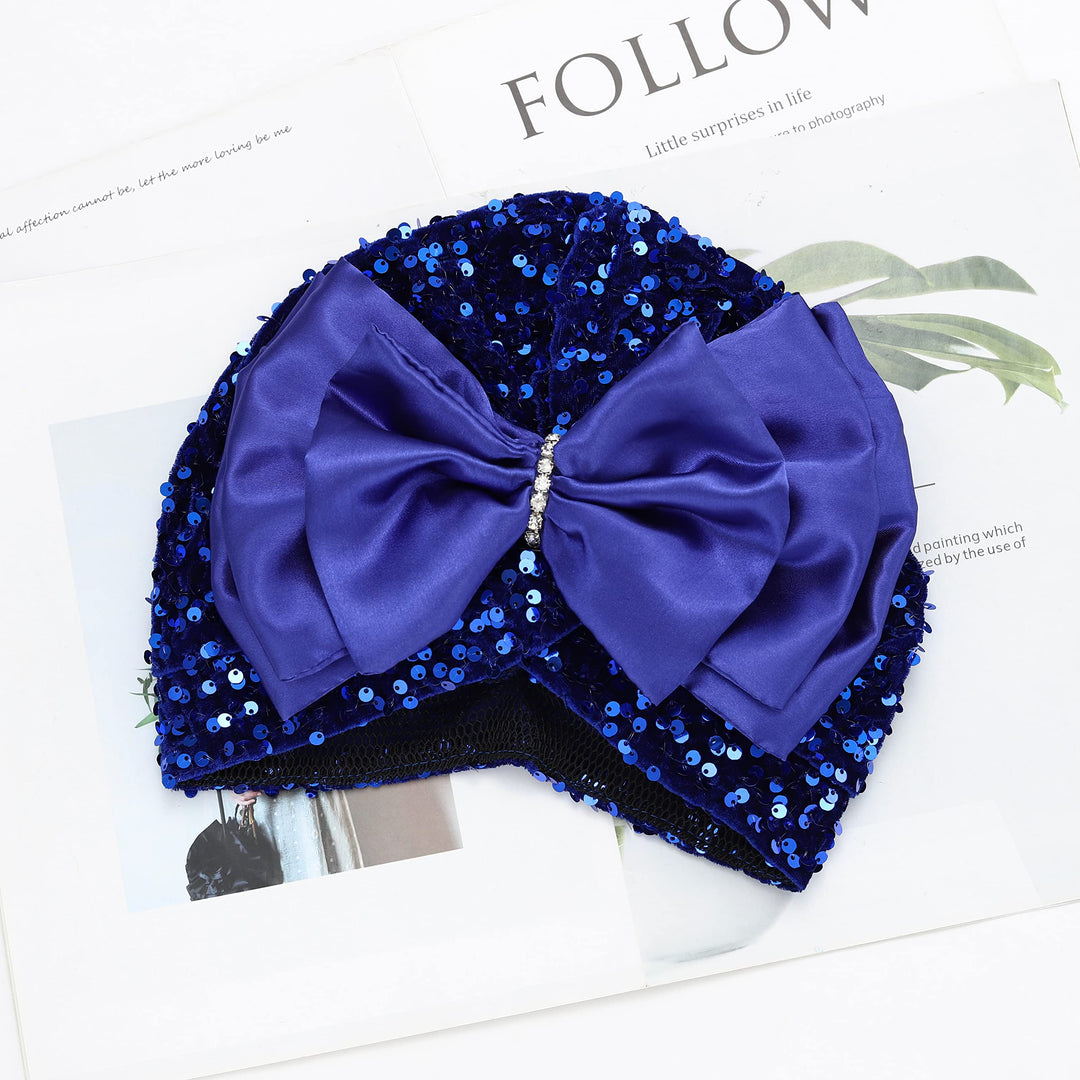 Head Wrap Bow Turban Sequin Beanie Headwrap Hat Pre-Tie Head Scarf for Women