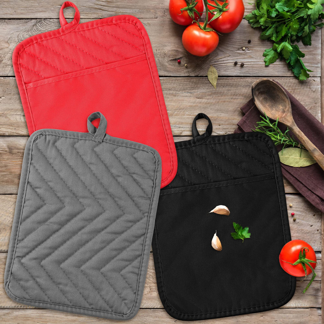 6Pcs Pot Holder with Pocket for Kitchen Black Grey Red Pocket Pot Holder Cotton Heat Resistant Potholder Coffee Coaster Kitchen Hot Pad Oven Mitts Hot Pads Trivet for Baking Cooking 7&#39;&#39;x9&#39;&#39;