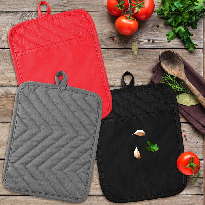6Pcs Pot Holder with Pocket for Kitchen Black Grey Red Pocket Pot Holder Cotton Heat Resistant Potholder Coffee Coaster Kitchen Hot Pad Oven Mitts Hot Pads Trivet for Baking Cooking 7&#39;&#39;x9&#39;&#39;