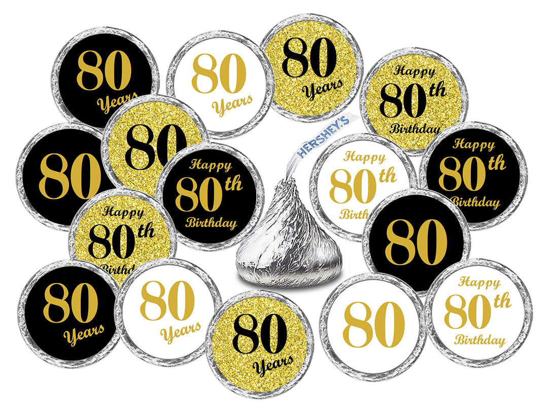 80th Birthday Kisses Stickers, (Set of 324) Chocolate Drops Labels Stickers for 80th Birthday, Hershey&#39;s Kisses Party Favors Decor, 9 Designs (36 Stickers of Each)