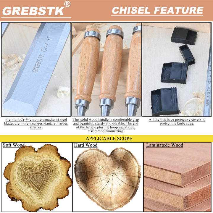 9.5in Wood Chisel Set for Woodworking, 4pcs Chrome Vanadium Steel Bevel-Edge Bench Chisels with Cap, Comfortable Beech High Impact Handle