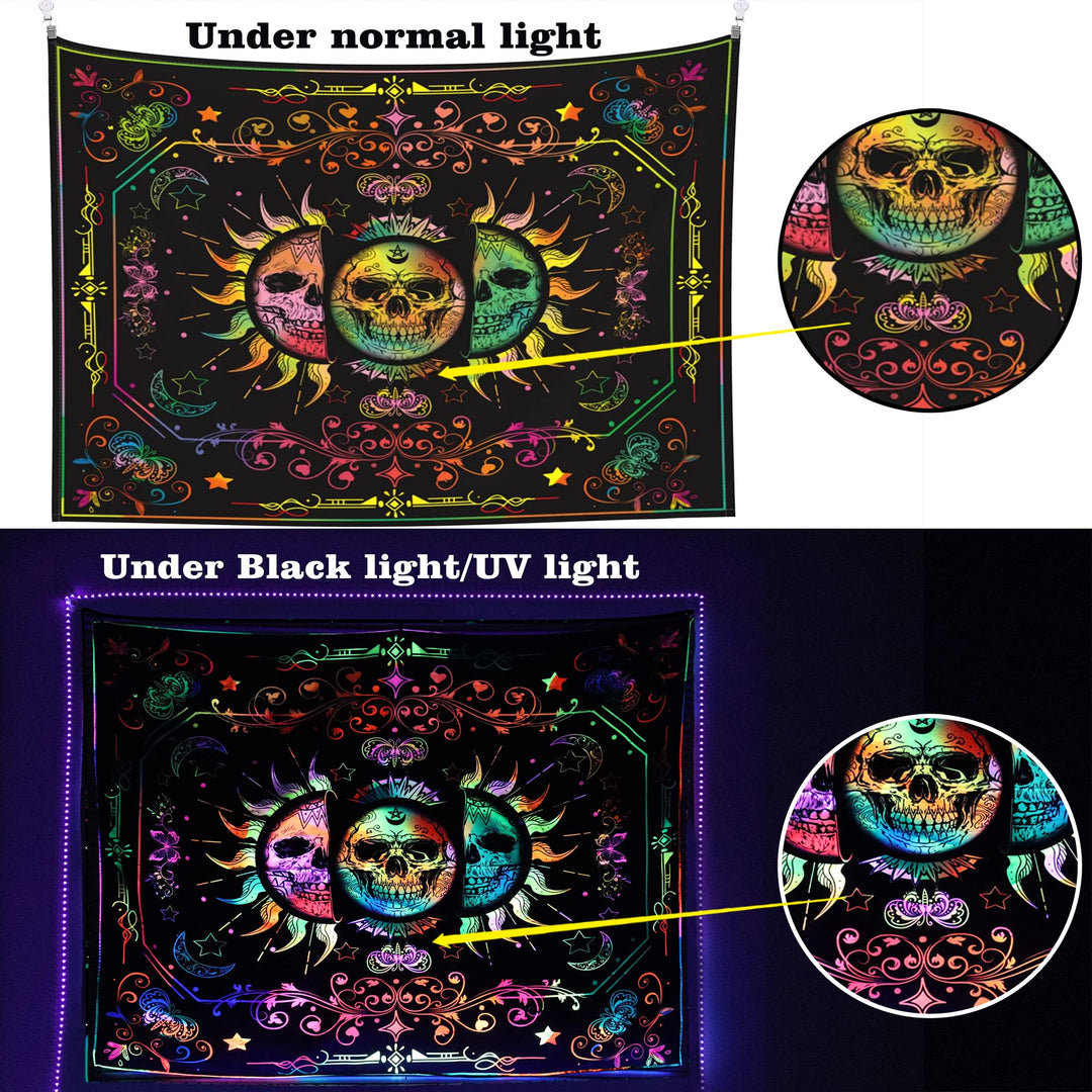 Blacklight Trippy Sun and Moon Stars Tapestry UV Reactive Skull Tapestry Wall Hanging psychedelic Black light Skeleton Tapestries for bedroom aesthetics Party Decor Poster 35.4 * 47.2inch