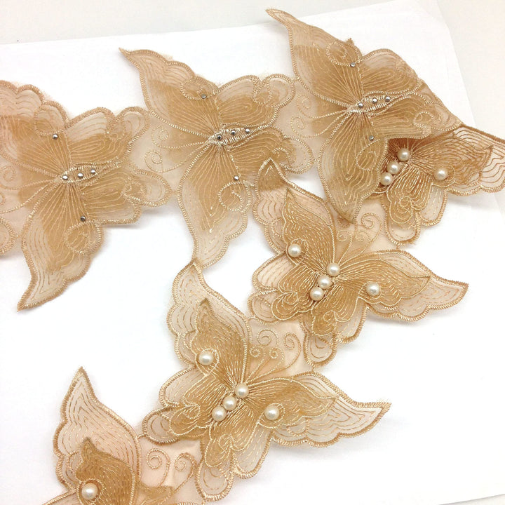 10PC Gold Pearl Chiffon Butterfly Flower Embroidered Lace Edge Trim Ribbon, 11cm x 7.5cm